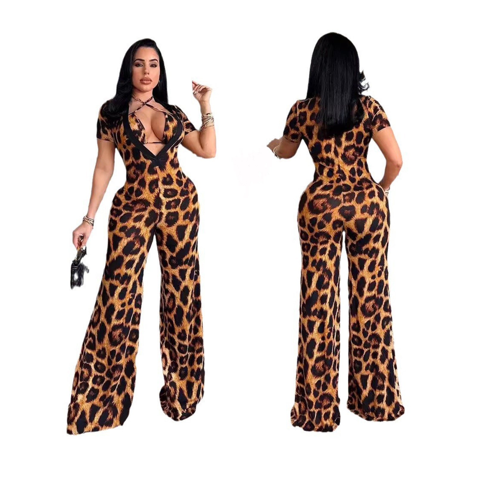 Summer Women Leopard Print Tie-Drawstring Chest Wide Leg Jumpsuit 4