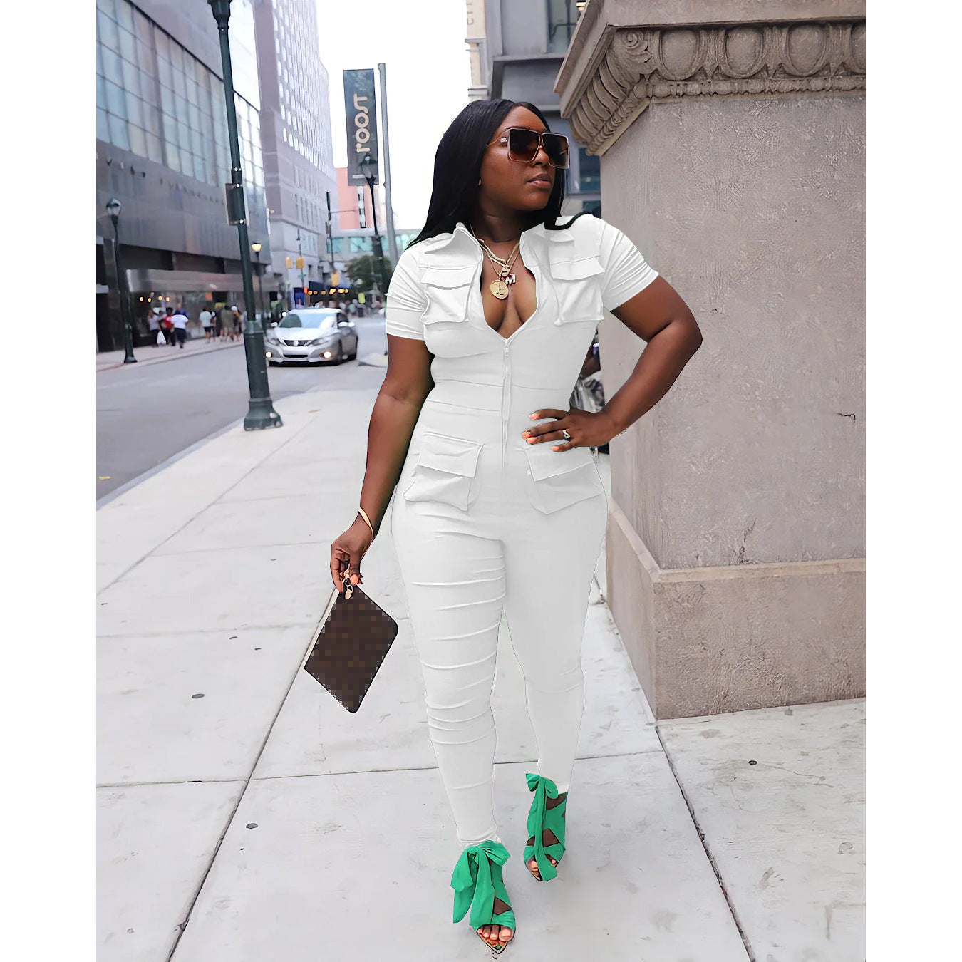 Solid Color Zipper Camo/Solid Color Pocket Women's Cargo Jumpsuit Fashion Casual Women's Clothing 3