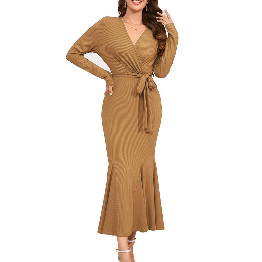 Summer Women long-sleeved waisted v-neck Solid evening dress 4