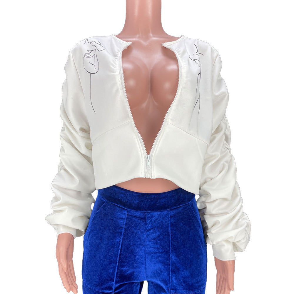 Women Sexy Printed Line Puff Sleeve Top 10