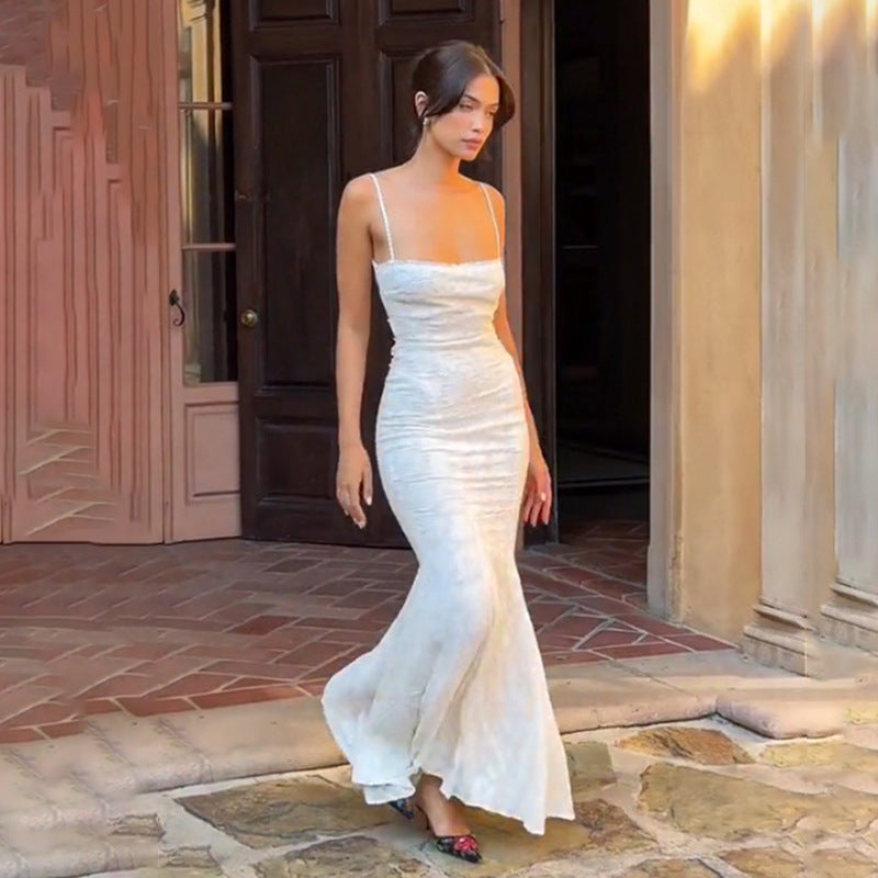 Summer Sexy Fashionable Jacquard Strap Low Back Mermaid Long Dress