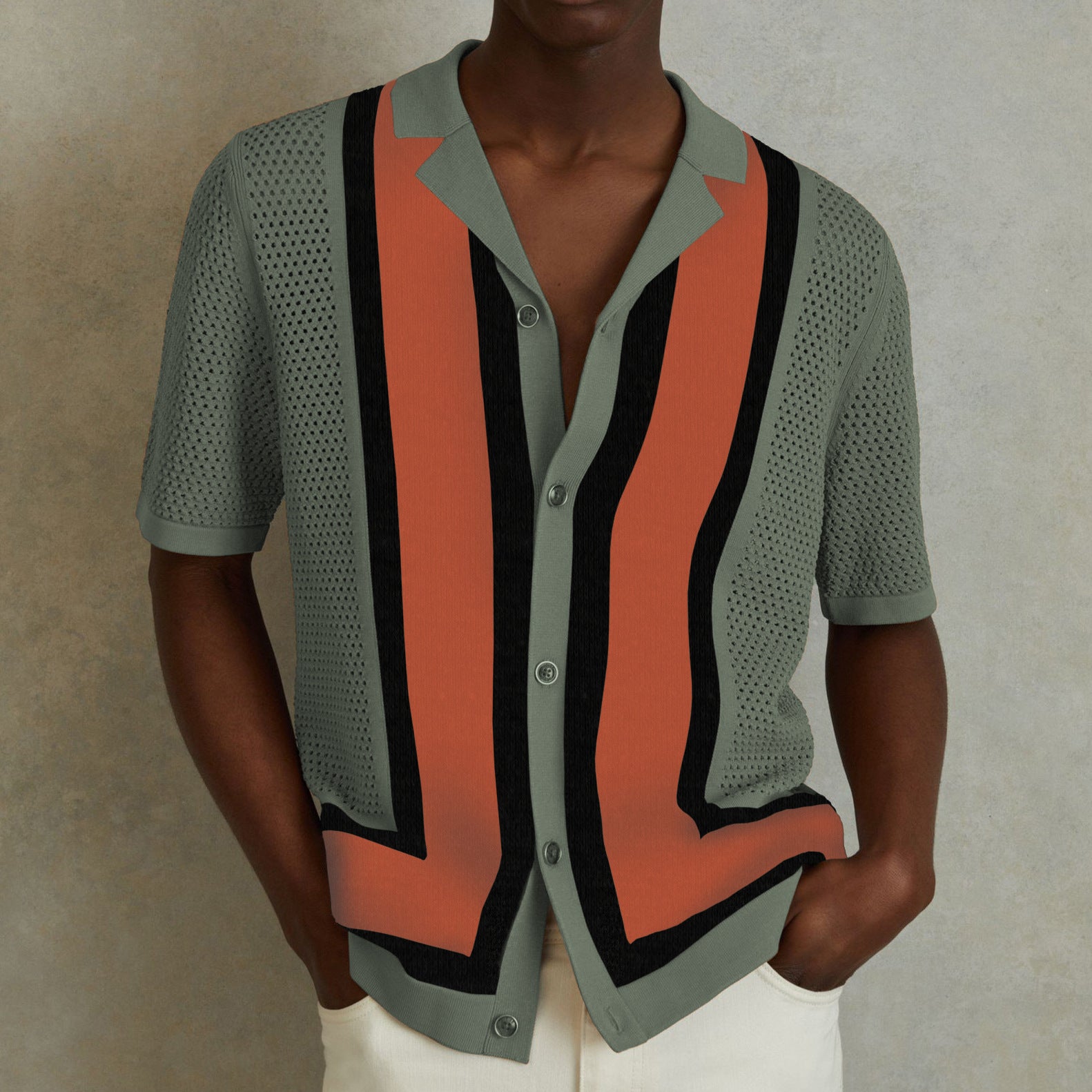 Men’s Striped Color Block Turn-Down Collar Short Sleeves Knitted Polo Shirt 10