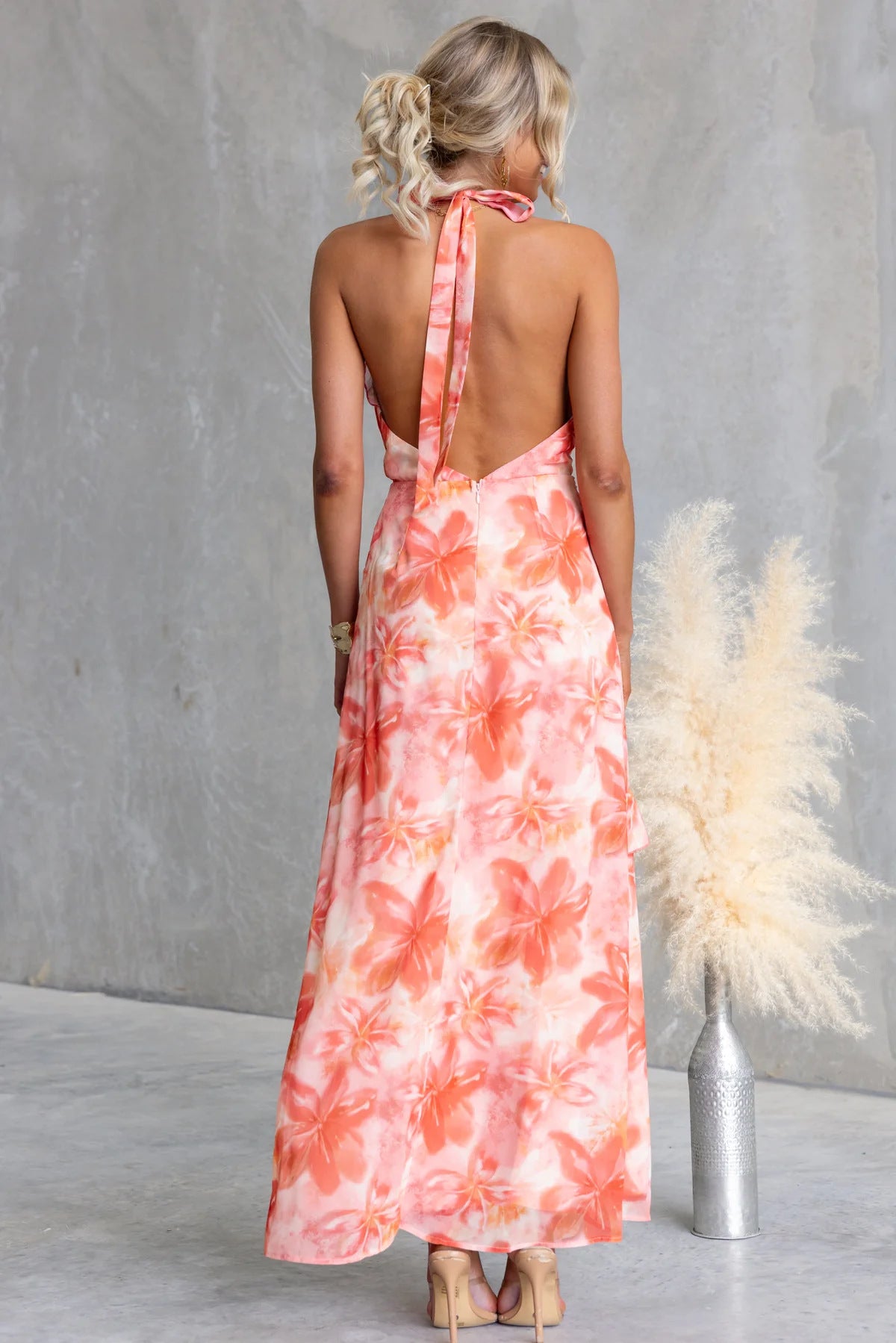 Women Printed Sexy V-Neck Backless Halter Neck Patchwork Ruffle Edge Dress 5