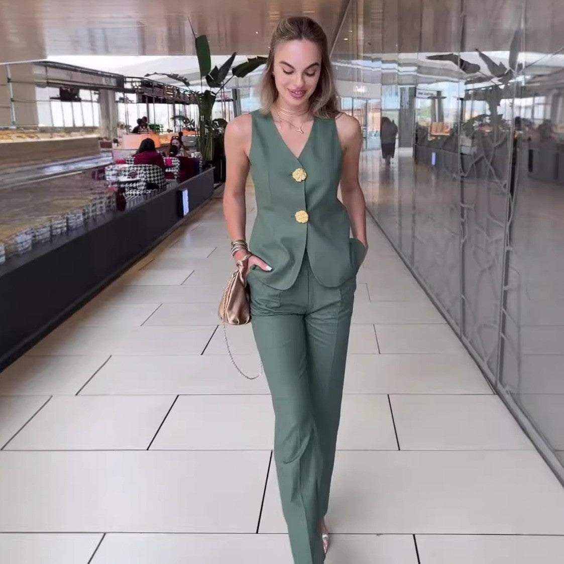 Women Solid V-Neck Sleeveless Vest and wide-leg pants two-piece set 19