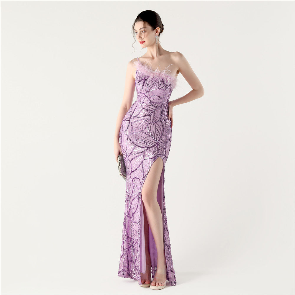 Women Sequin Sequin Beaded Slash Shoulder One-shoulder slit evening dress 15