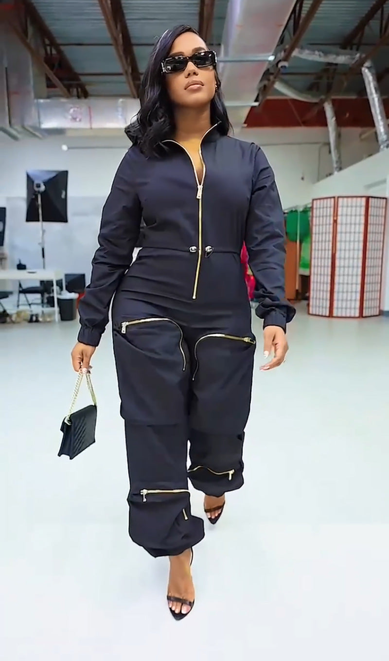 Women'S Slim Waist Metal Zipper Long Sleeve Casual Cargo Jumpsuit