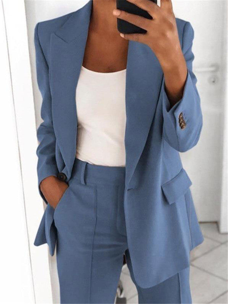 Fashionable Casual Solid Color Blazer Trousers Career Two Piece Suit 14