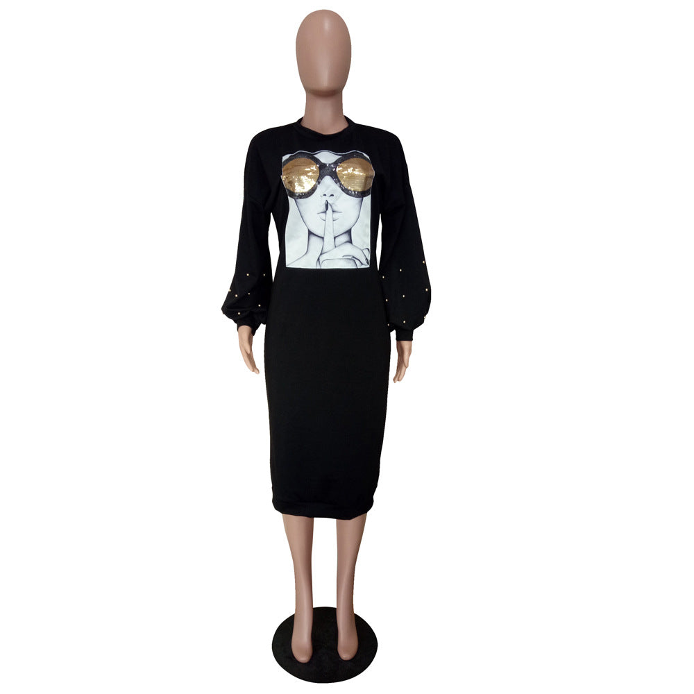 Women autumn and winter bubble sleeve beaded long-sleeved dress 7