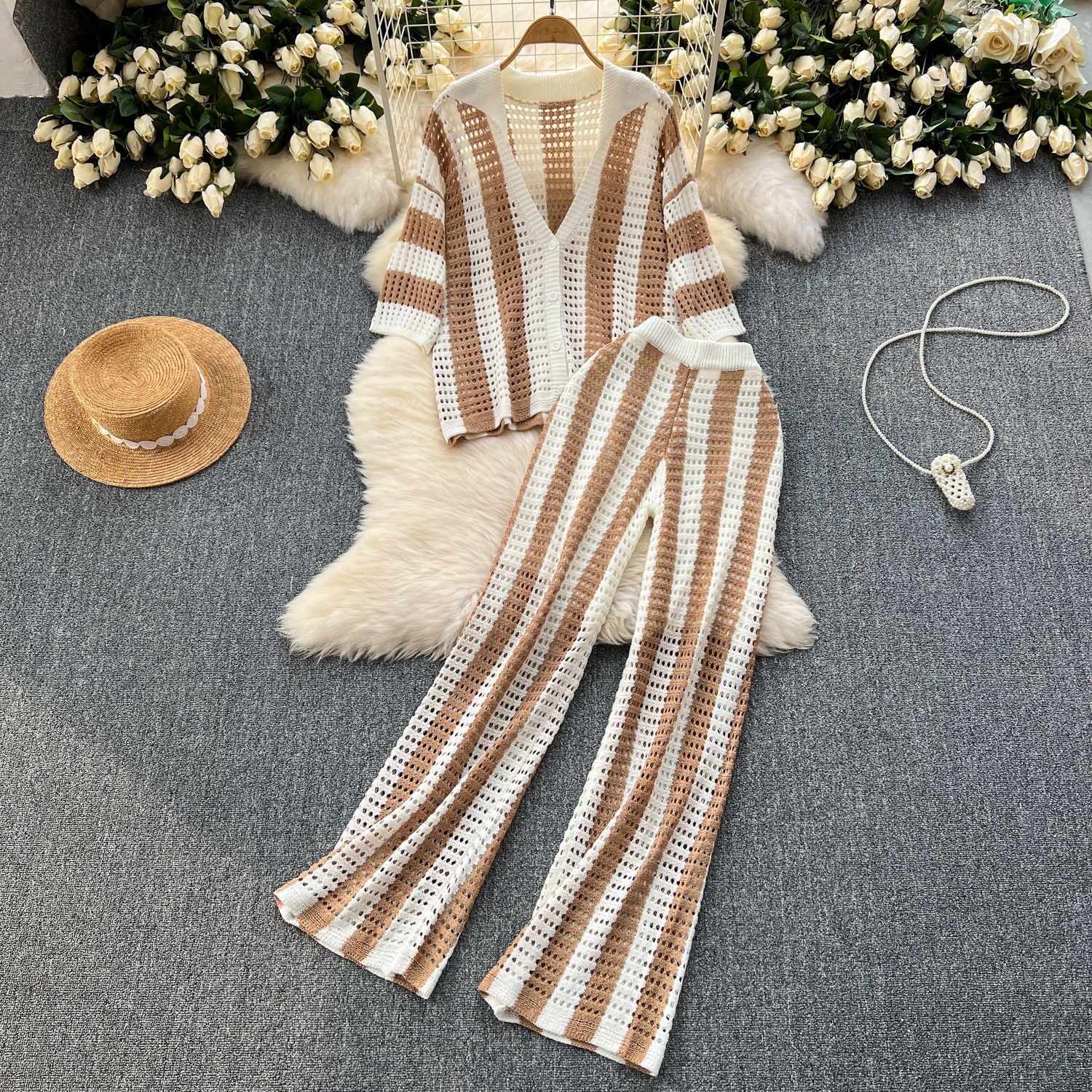 Women's Summer V-Neck Loose Knit Cardigan Top + Wide-Leg Pants Set Color-Block Striped Hollow-Out Outfit 19