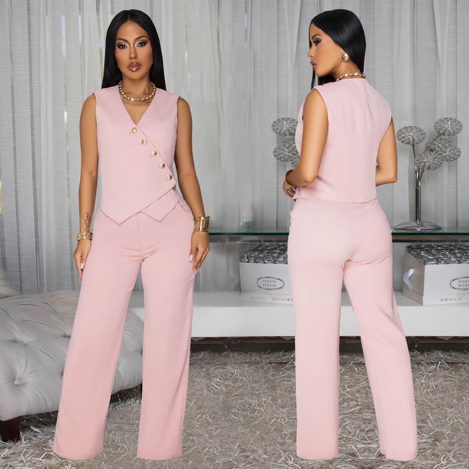 Women Casual Sleeveless V-Neck Top and Pants Two-Piece Set 5