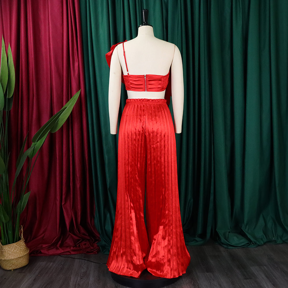 Women's Slash Shoulder Low Back Ruffled Sexy Top Pleated Wide Leg Pant Two-Piece Set 12