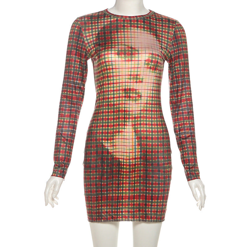 Women's Autumn Slim Fit Check Print Long Sleeve Bodycon Short Dress 6
