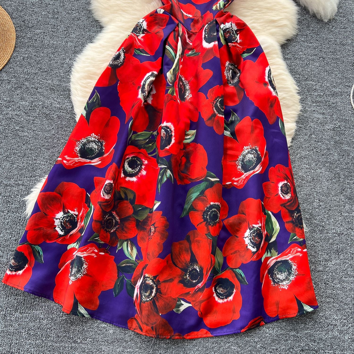 Fashion Printed Round Neck Slim Waist Pleated Flare Sleeveless Mini Dress 30