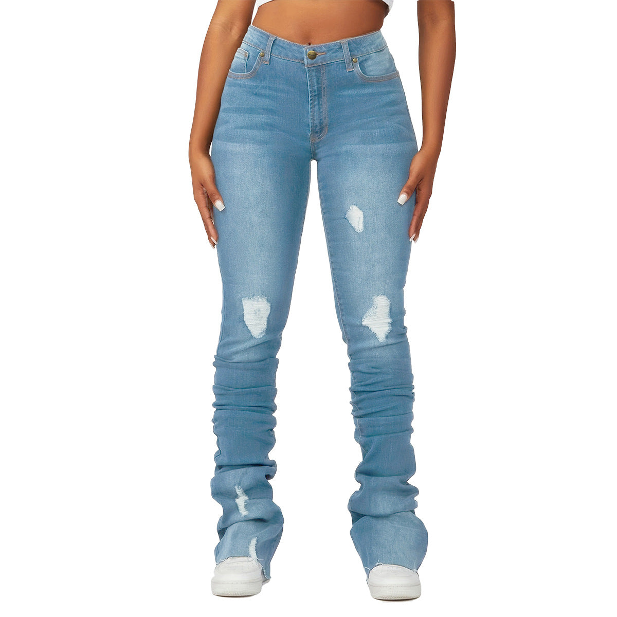 High-Waisted Women's Denim Bell Bottom Pants Trendy Slim Fit Ripped Women's Jeans 8