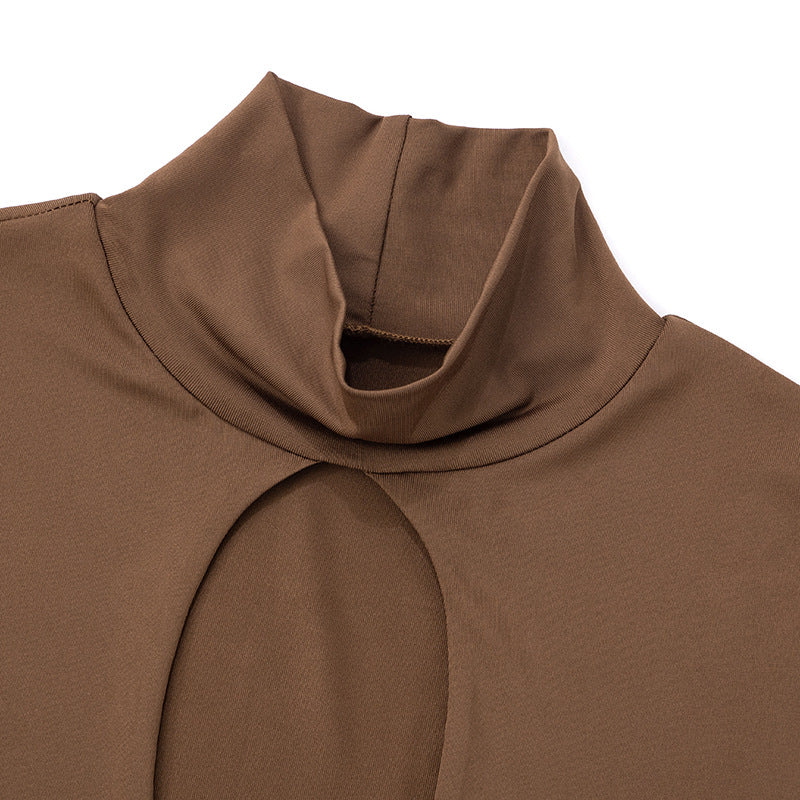 Women's Semi-High Round Neck Front Cut-Out Short Sleeve Crop Top Tight Fitting Cropped Pants Set 17