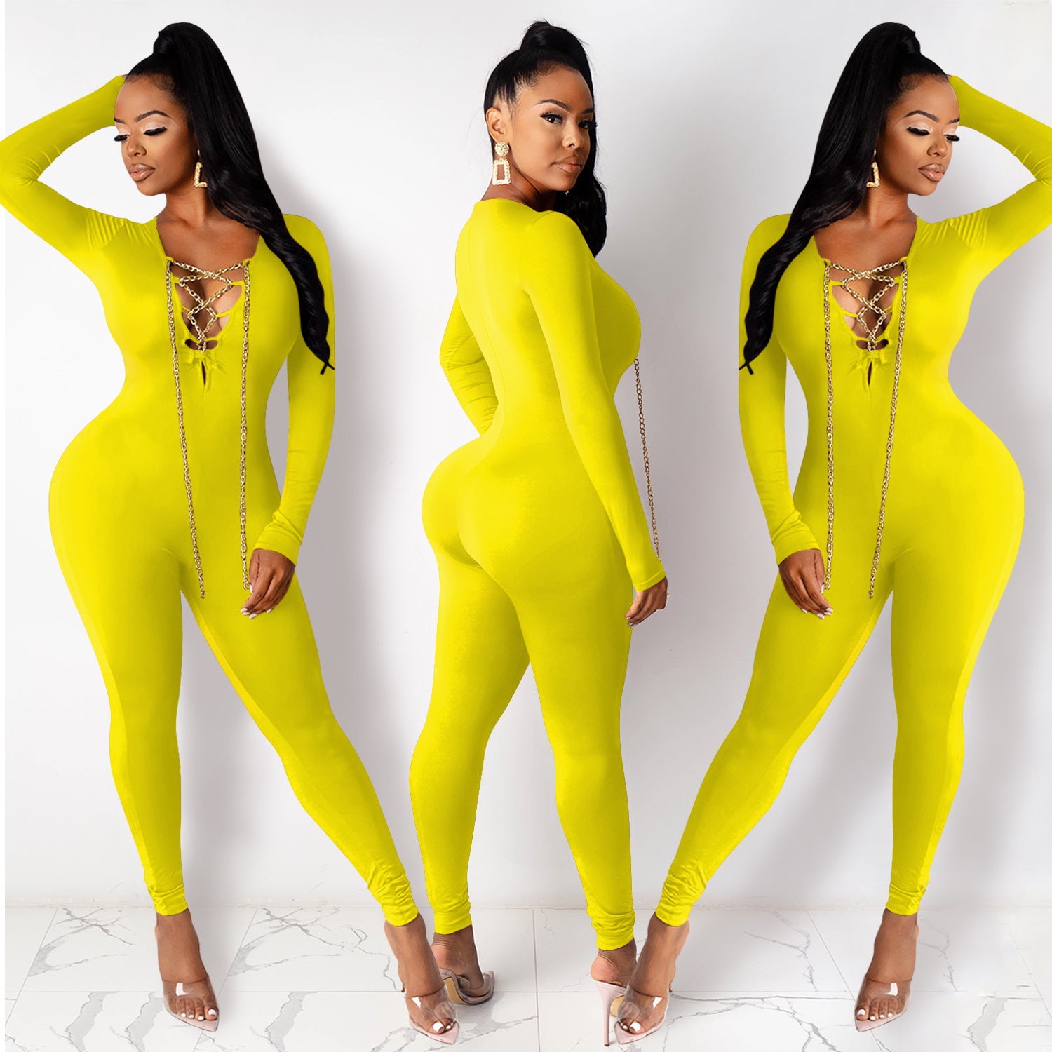 Women Sexy V-neck Chain Cross Lace Up Jumpsuit 3