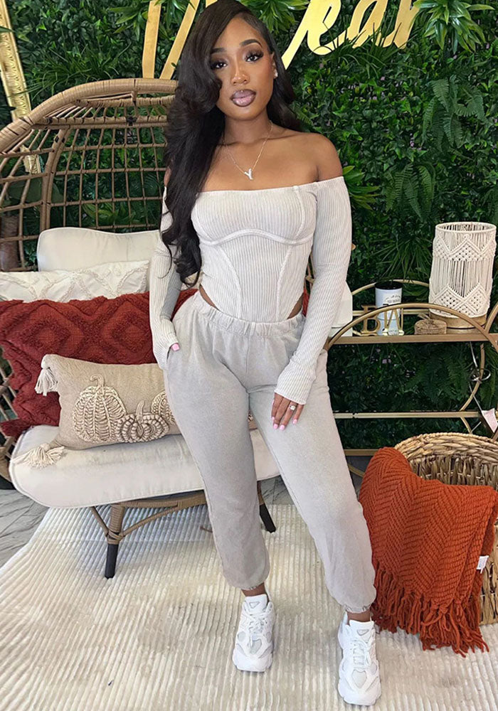 Fashion Women's Off Shoulder Long Sleeve Bodysuit Pants Two Piece Set