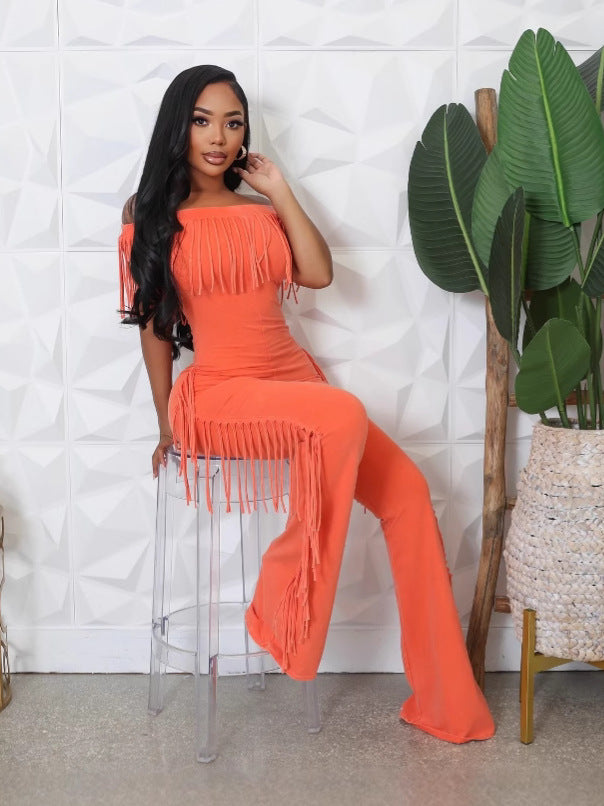 Women Summer Solid Off Shoulder Tassel Jumpsuit 3