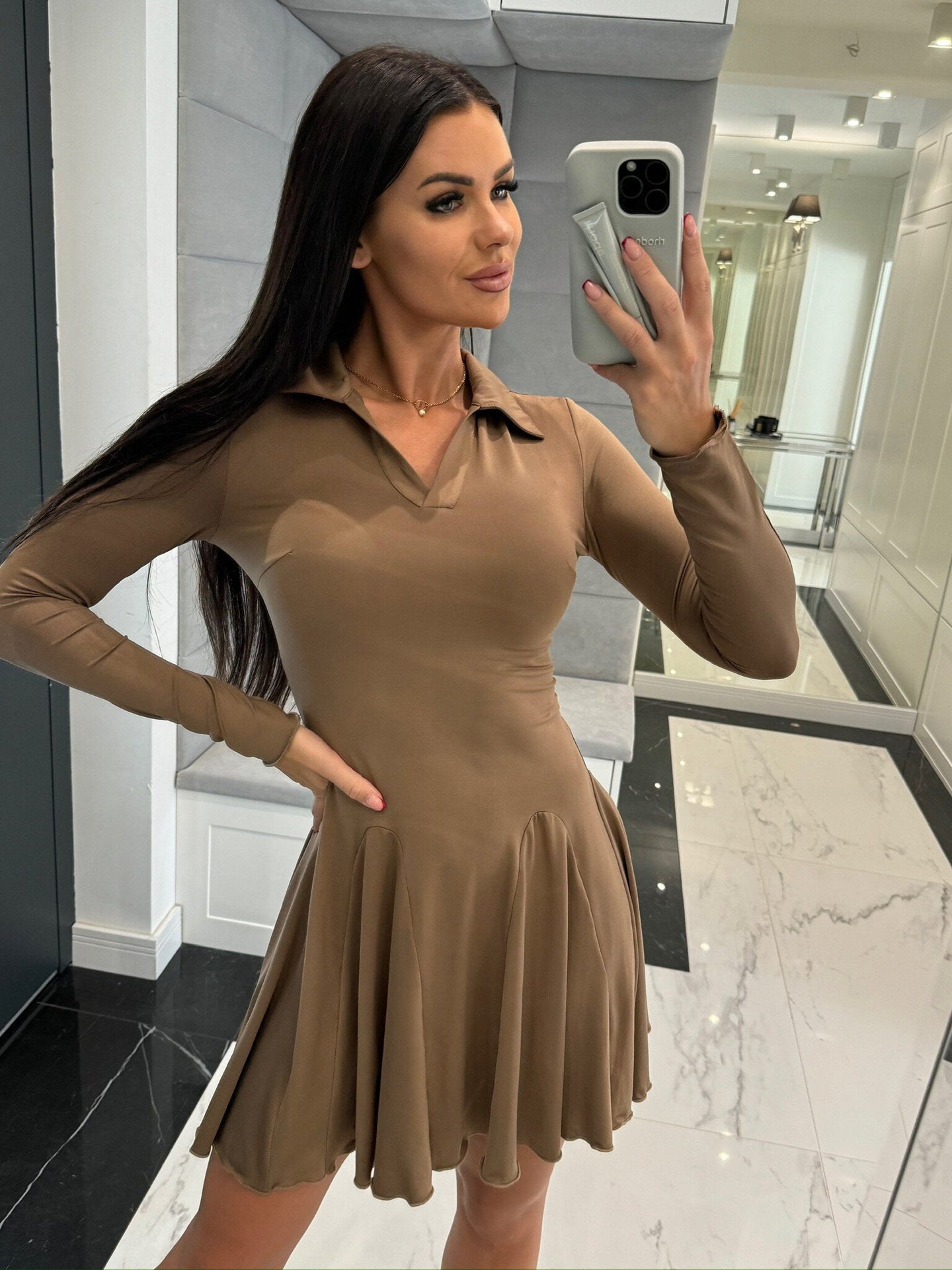 Women Fall Solid Long Sleeve Turndown Collar Ruffle Dress 10