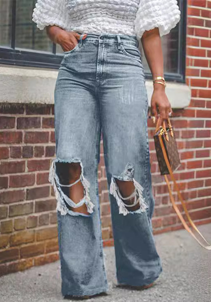 Women's High Waist Washed Ripped Loose Wide Leg Denim Pants