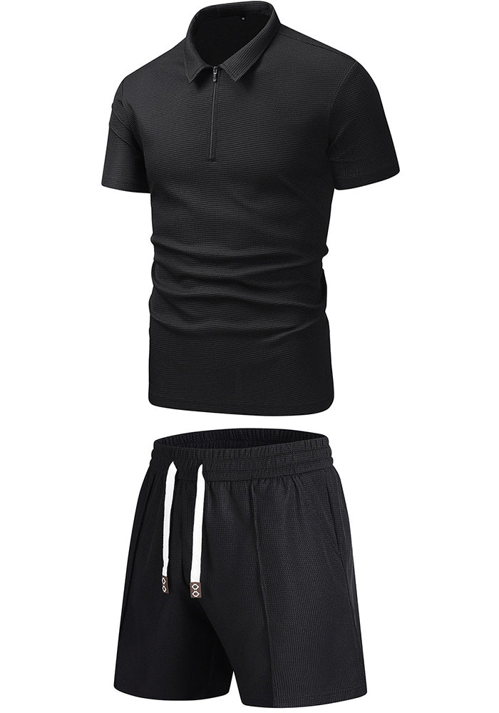 Men's summer Turndown Collar short-sleeved polo shirt and shorts two-piece set