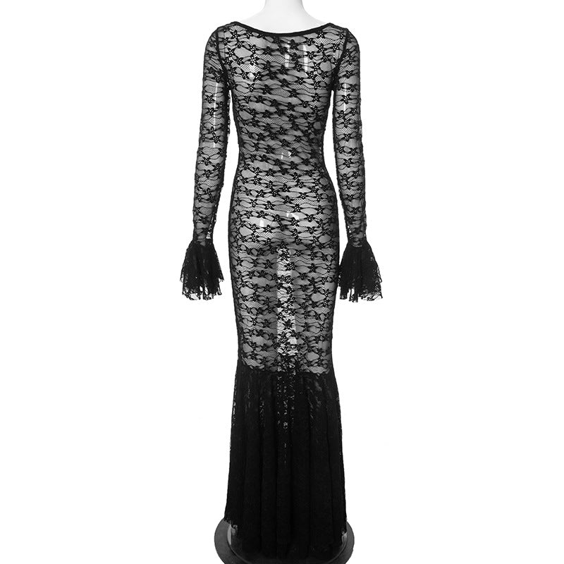 Women Summer Sexy See-Through Lace Round Neck Lace Mermaid Dress 9