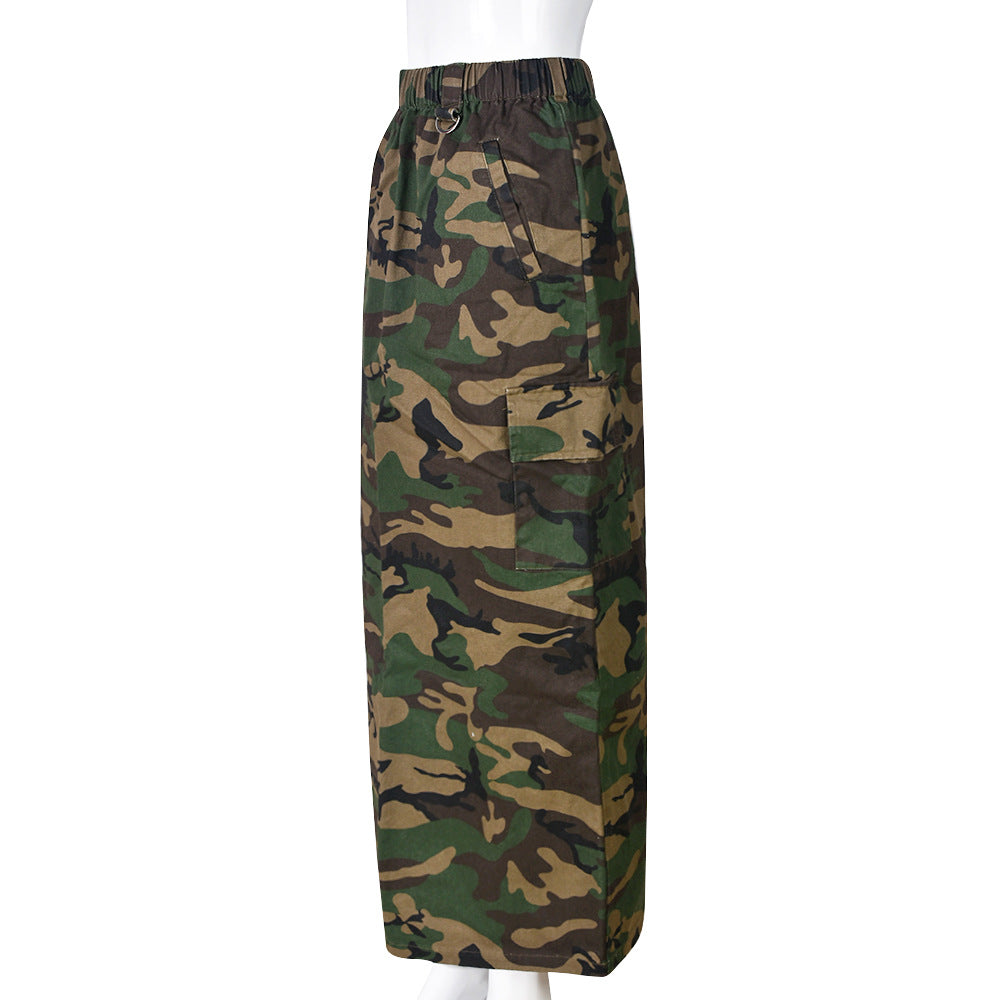 Elastic Waist Women's Spring and Summer Pocket Outdoor Fashion Style Camouflage Washed Skirt 13