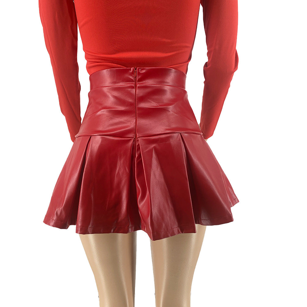 Cute Casual Style Sexy Pleated Leather Mini Skirt 15