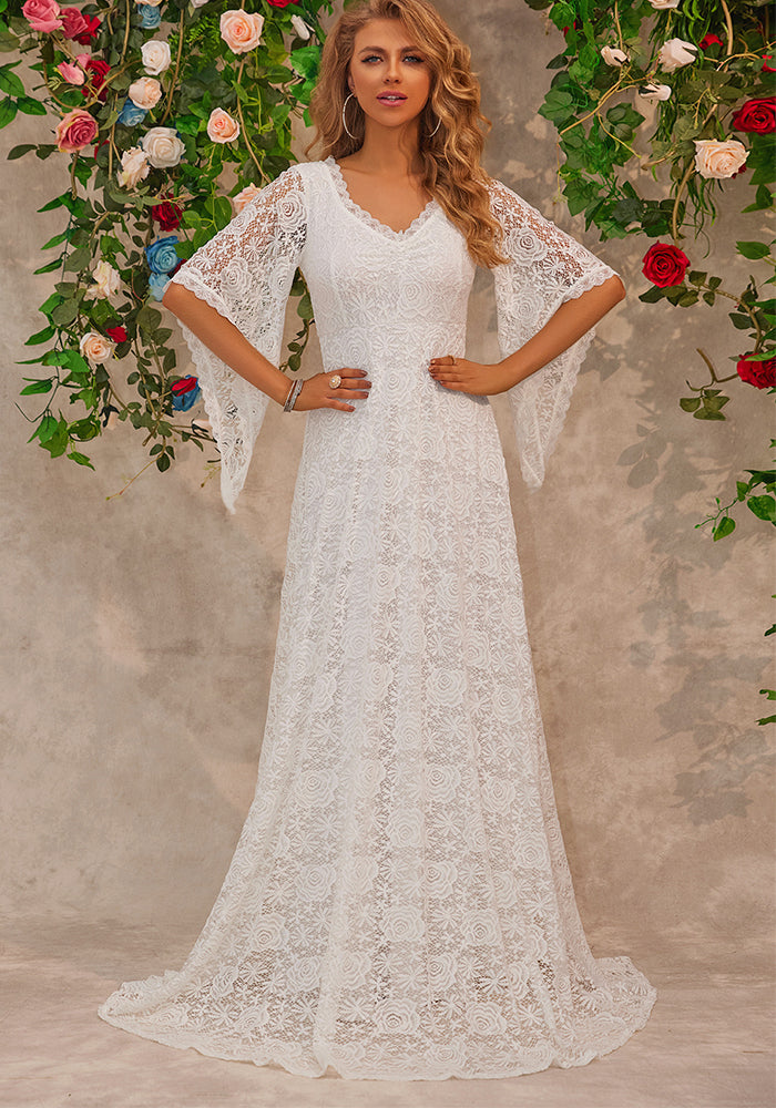 Women V-Neck Long Sleeve Lace Dress