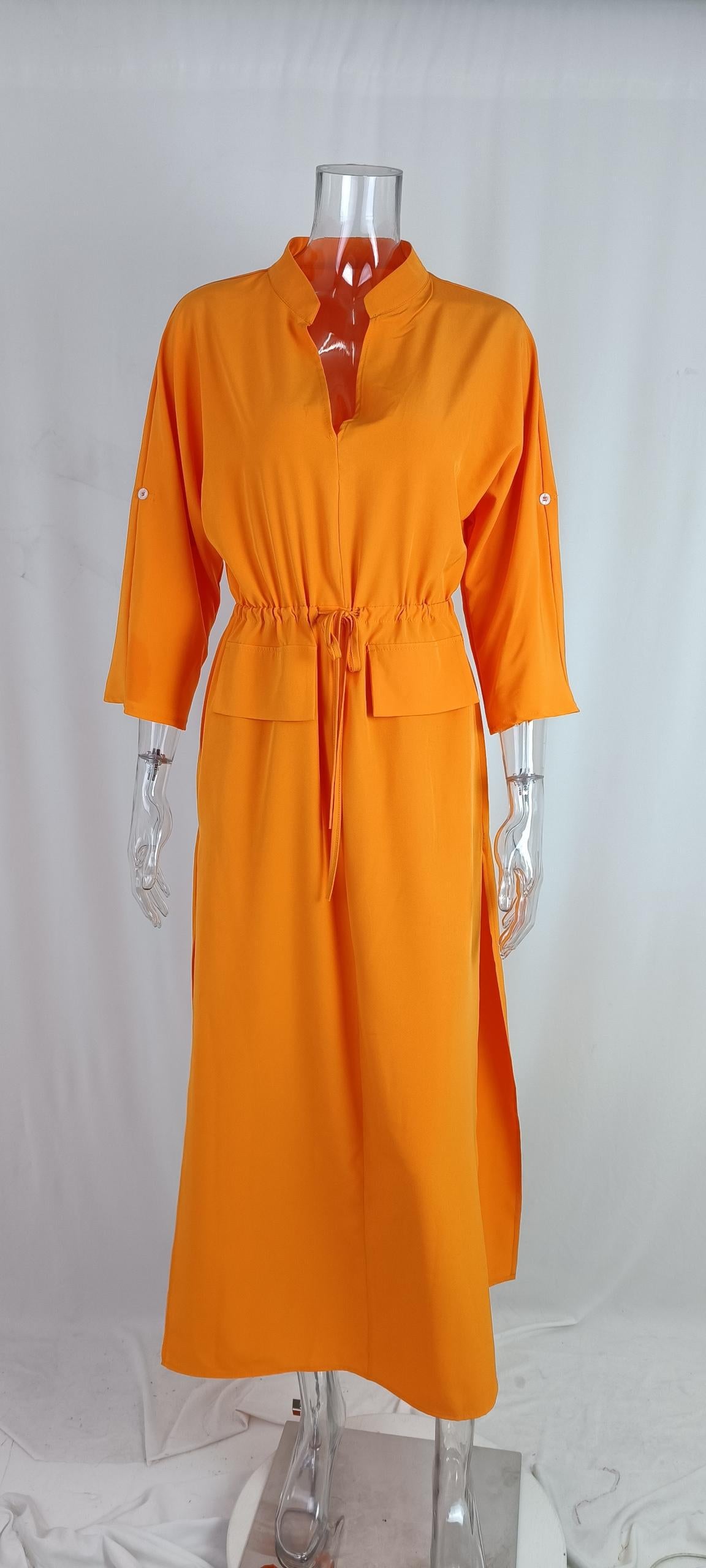 Fall Women Casual Fashion Stand Collar Slit Maxi Solid Dress 8