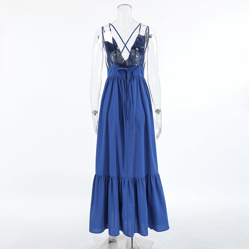 Spring Summer Holidays Style Blue V Neck Strap Low Back Long Dress 11