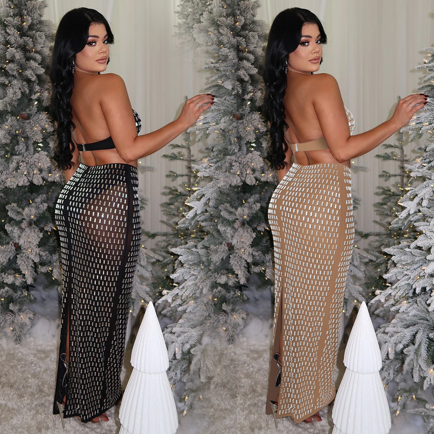 Women's Strapless Beaded Two-Piece Bodycon Skirt Set