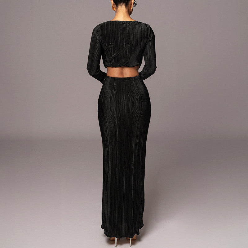 Women's Summer Long Sleeve Rib Two-Piece Fashion Casual Long Skirt Set 4