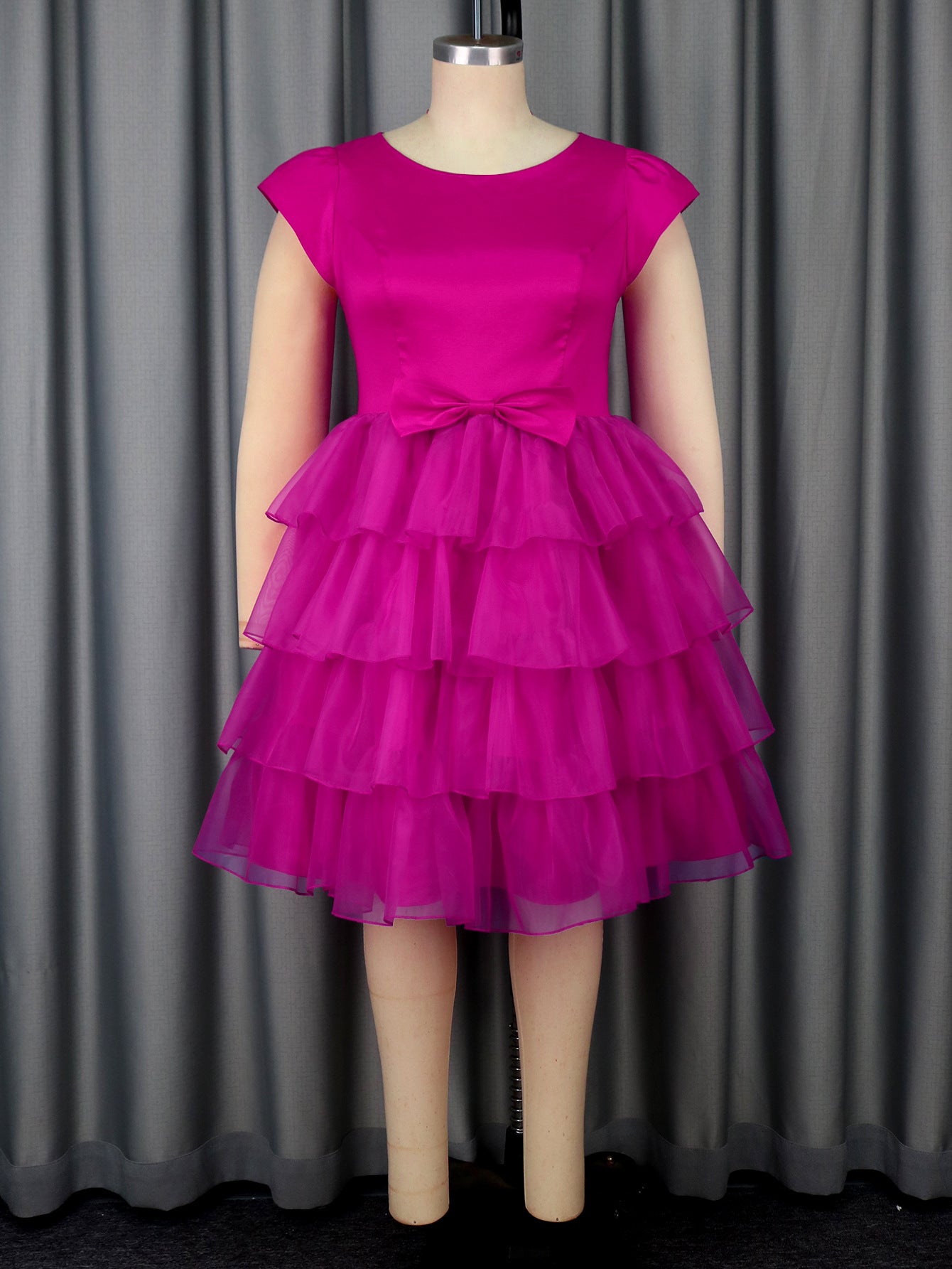 Rose Mesh Patchwork Round-Neck Bow A-Line Sweet Dress 5