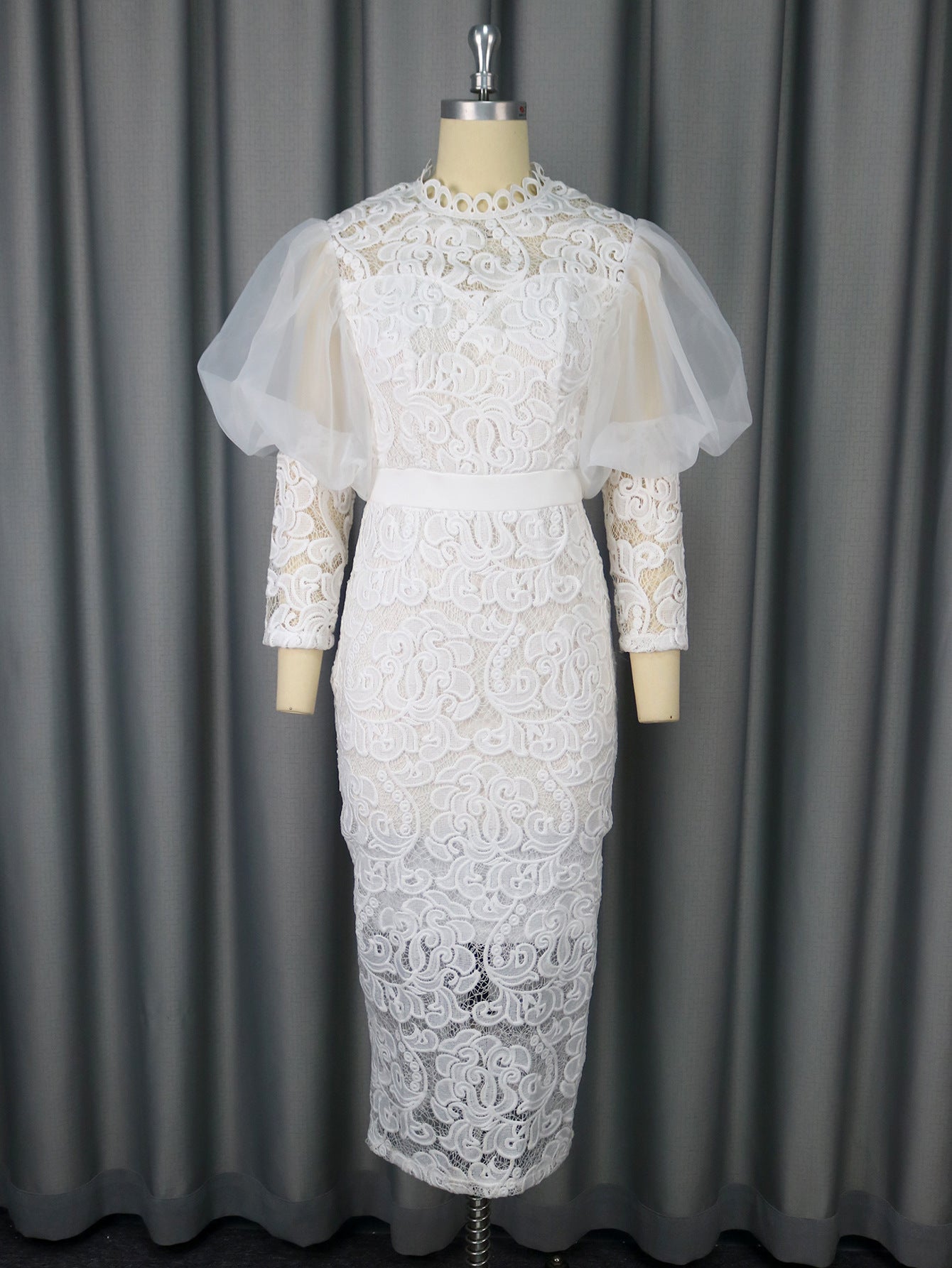 Lace Formal Party Puff-Sleeve Mid-Length Dress 9