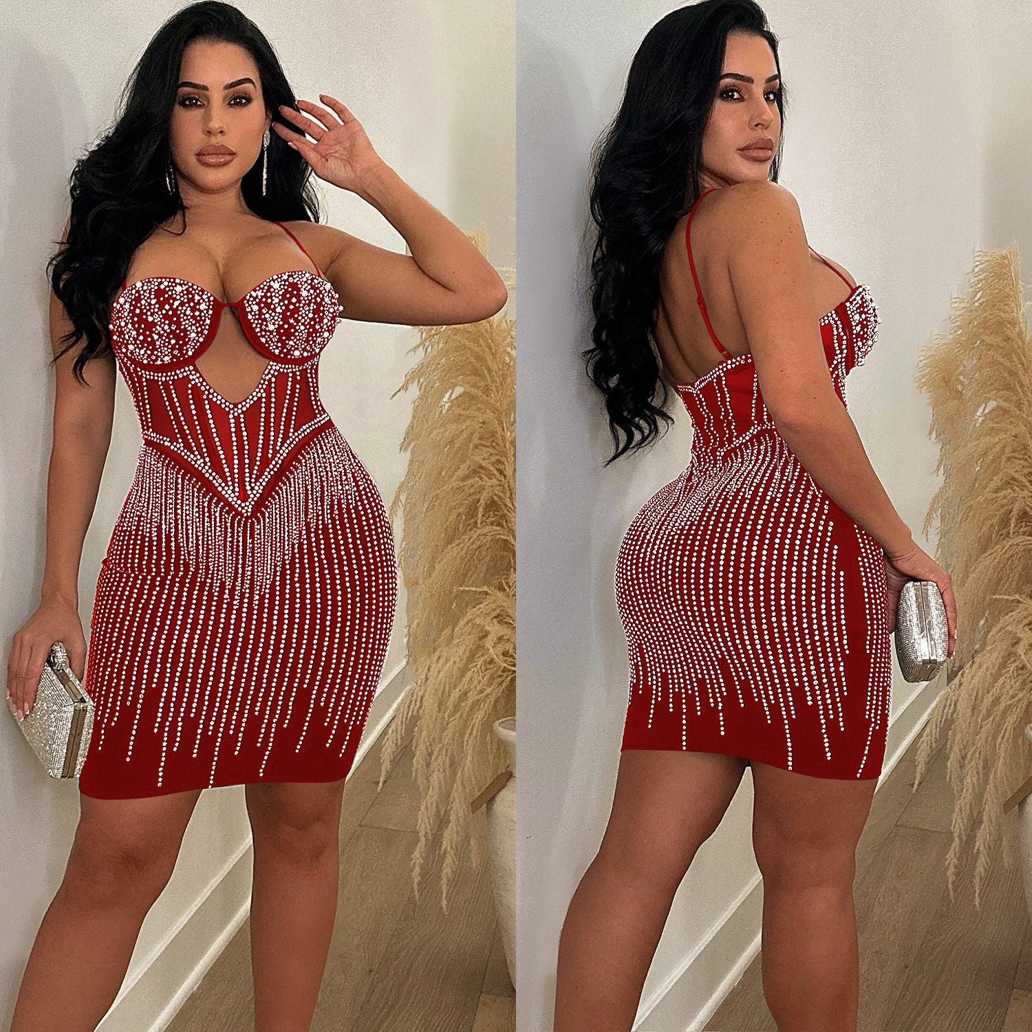 Fashionable Women's Solid Color Mesh Beaded Suspender Skirt Dress 8