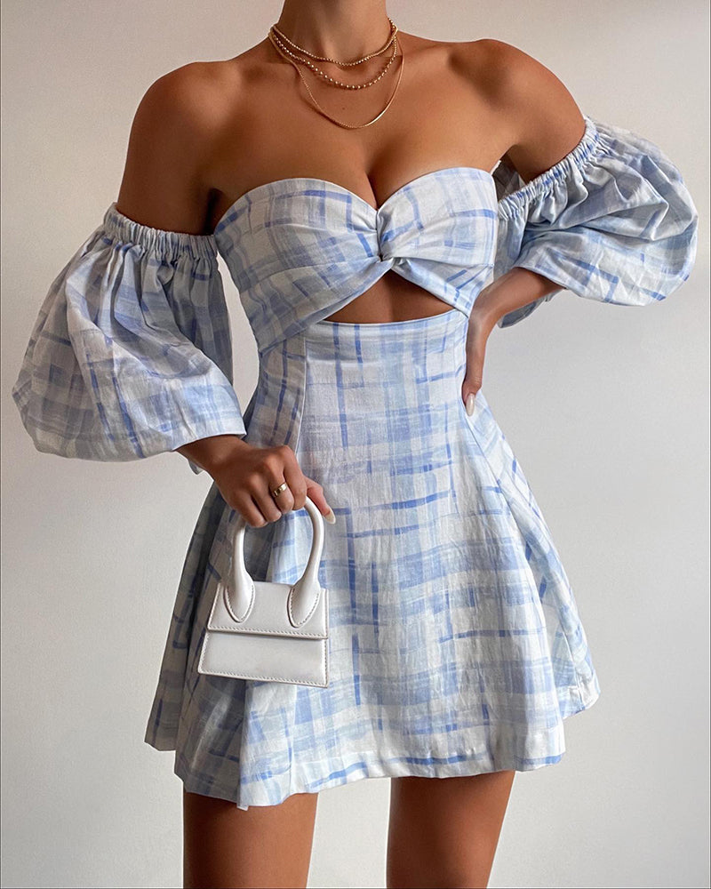 Women's Blue Plaid Printed Off Shoulder Casual Loose Dress 3