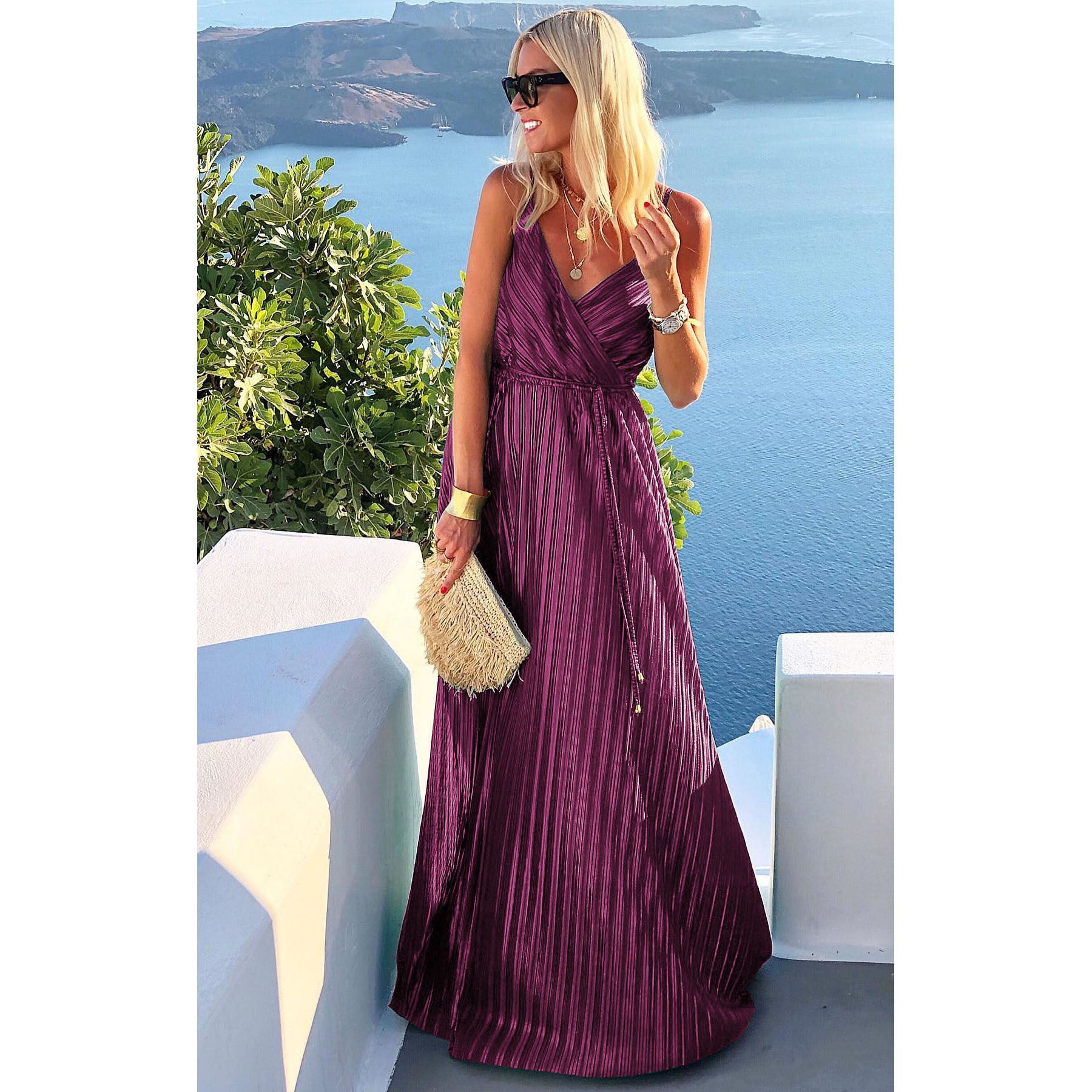 Spring Summer Sexy Strap Maxi Dress Belted Loose Swing Dress 6