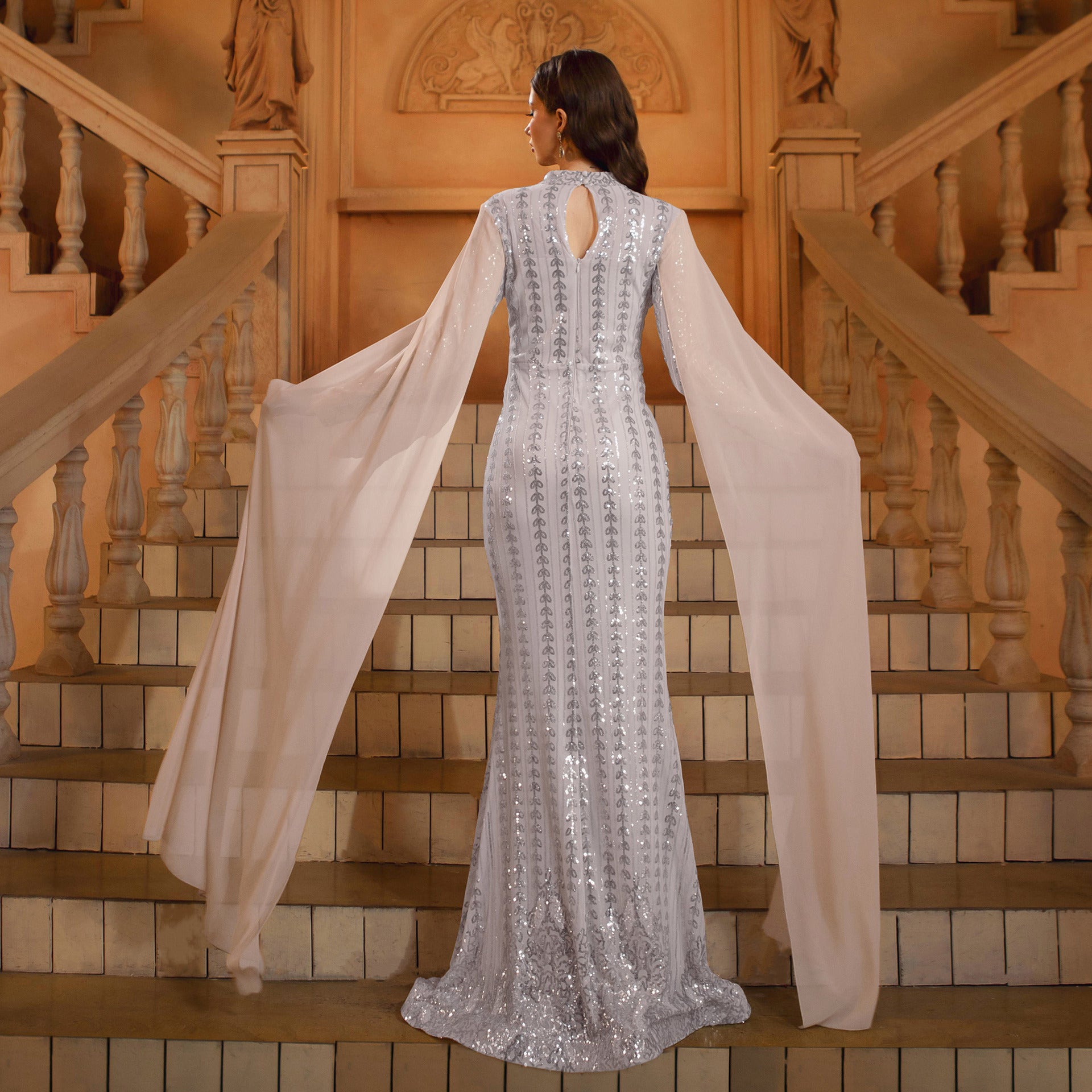 Women Long Sleeve Round Neck Bodycon Sequin Formal Party Fishtail Evening Dress 4