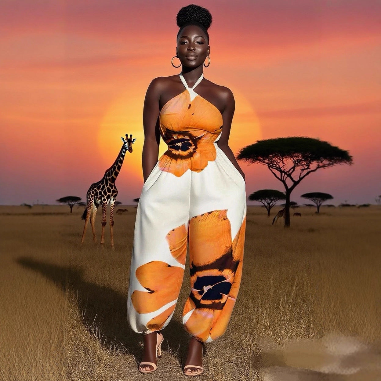 Print Halter Neck Slim Wasit Wide Leg Jumpsuit 7