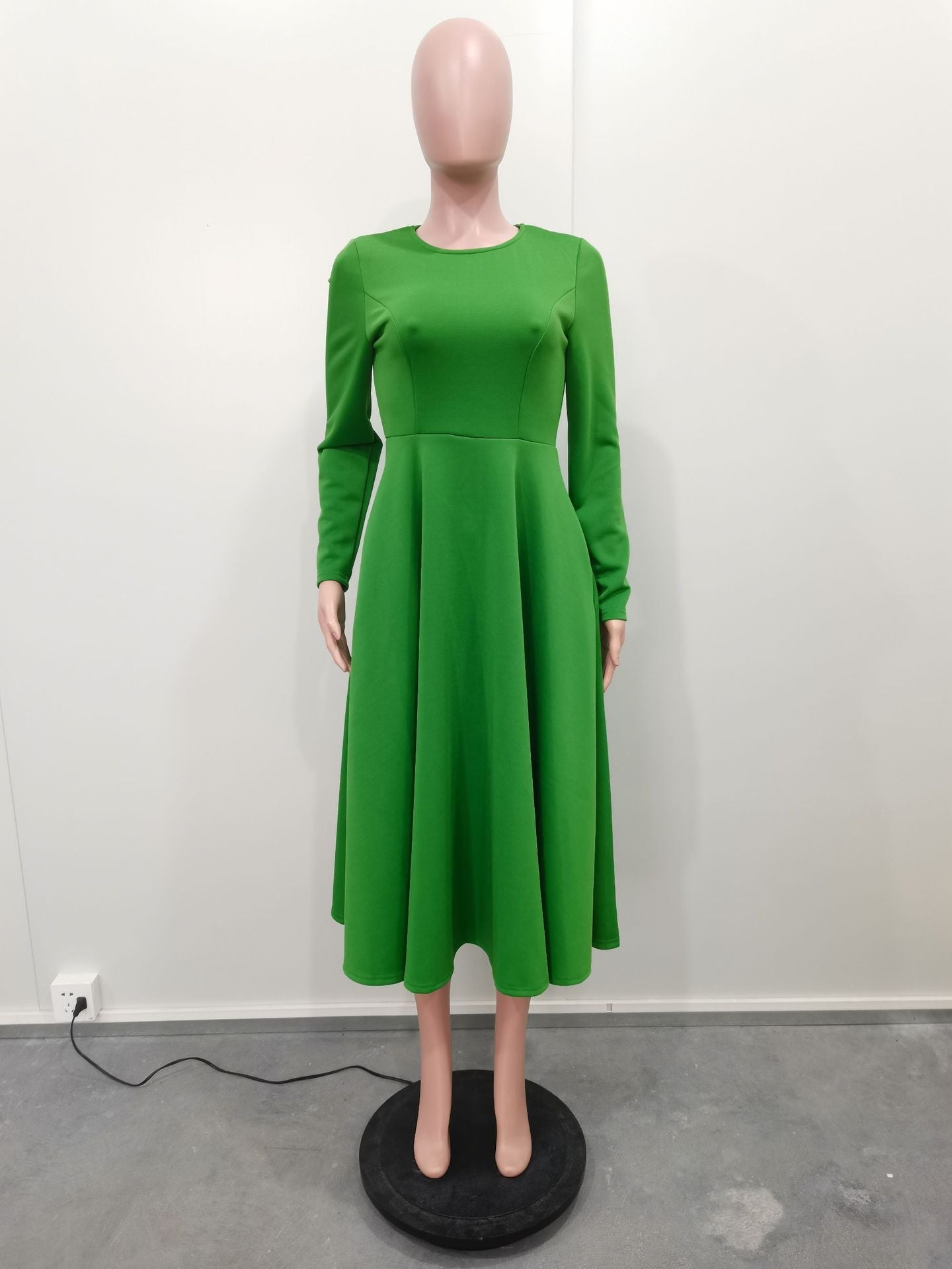 Women's Solid Round Neck Long Sleeve A-Line Dress 18