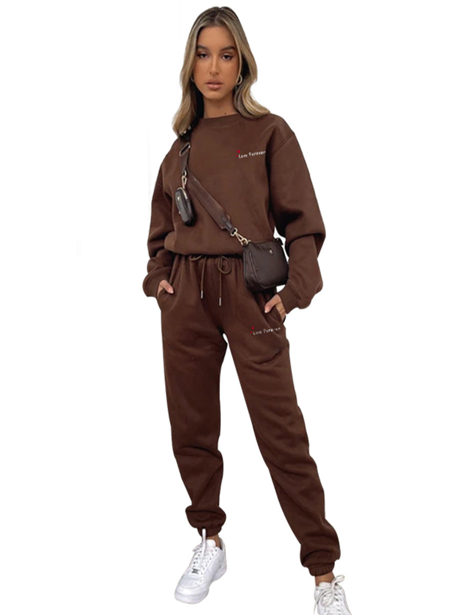 Women Autumn/Winter Printed Round Neck Long-Sleeved Top and Pants Two-Piece Set 14