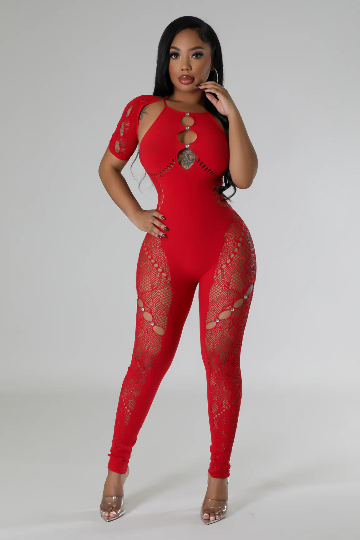 Sexy Hollow See Through Halter Backless Short Sleeve Tight Fit Jumpsuit