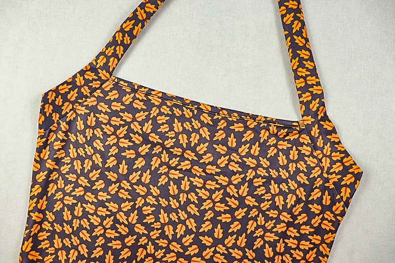 Women Pleated Print Halter Neck Backless Dress 15