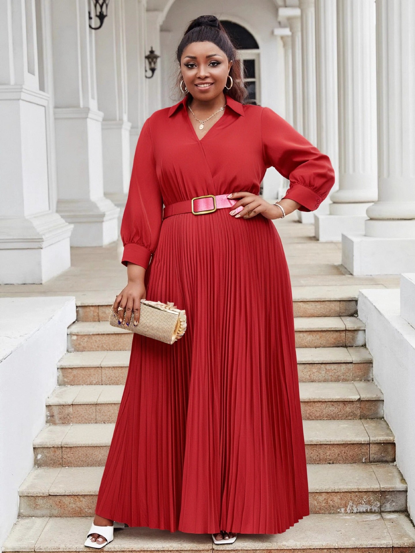 Plus Size Women V-Neck Long Sleeve Solid Pleated Dress with Belt 6