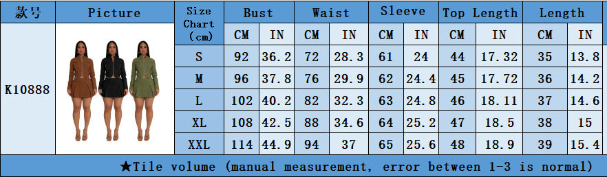 Women's Long Sleeve Zipper Top Sexy Short Skirt Two-Piece Set 19