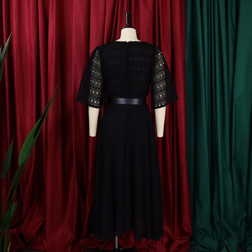 African Women Short Sleeve Square Neck With Belt Chiffon Beaded Dress 15