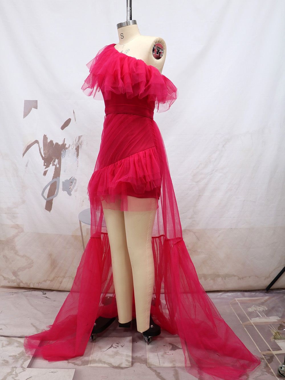 Women's Summer Style Slash Shoulder Pleated Mini Dress Mesh Trailing Formal Party Dress 12