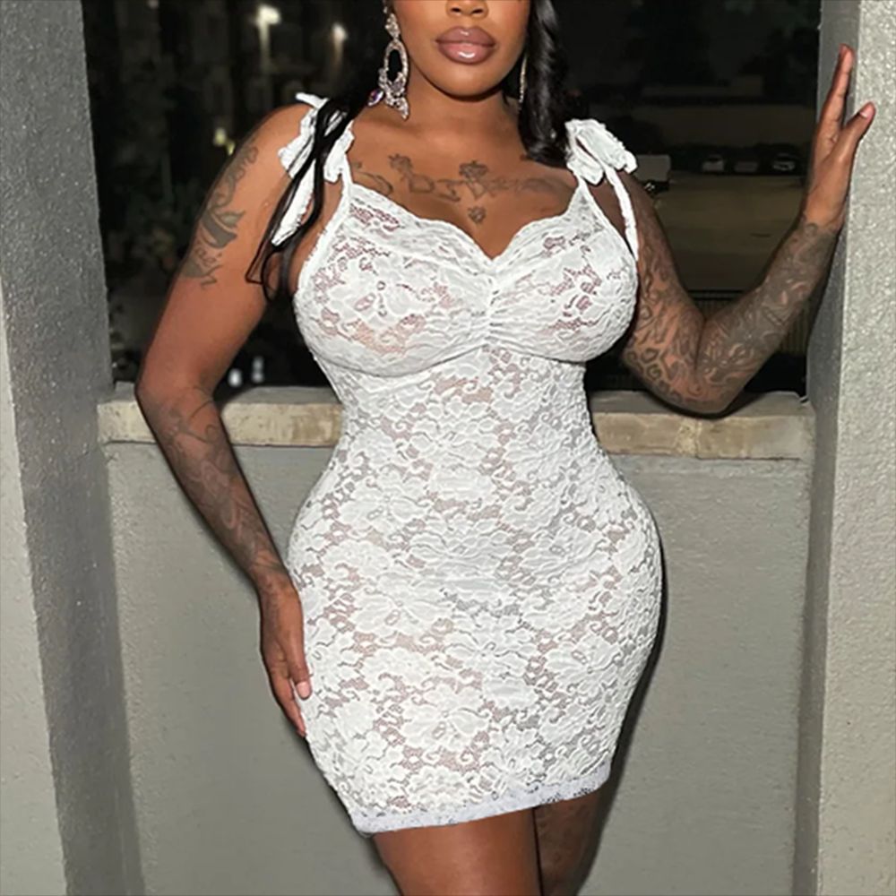 Women's See-Through slim Lace-Up Strap flower lace Bodycon dress