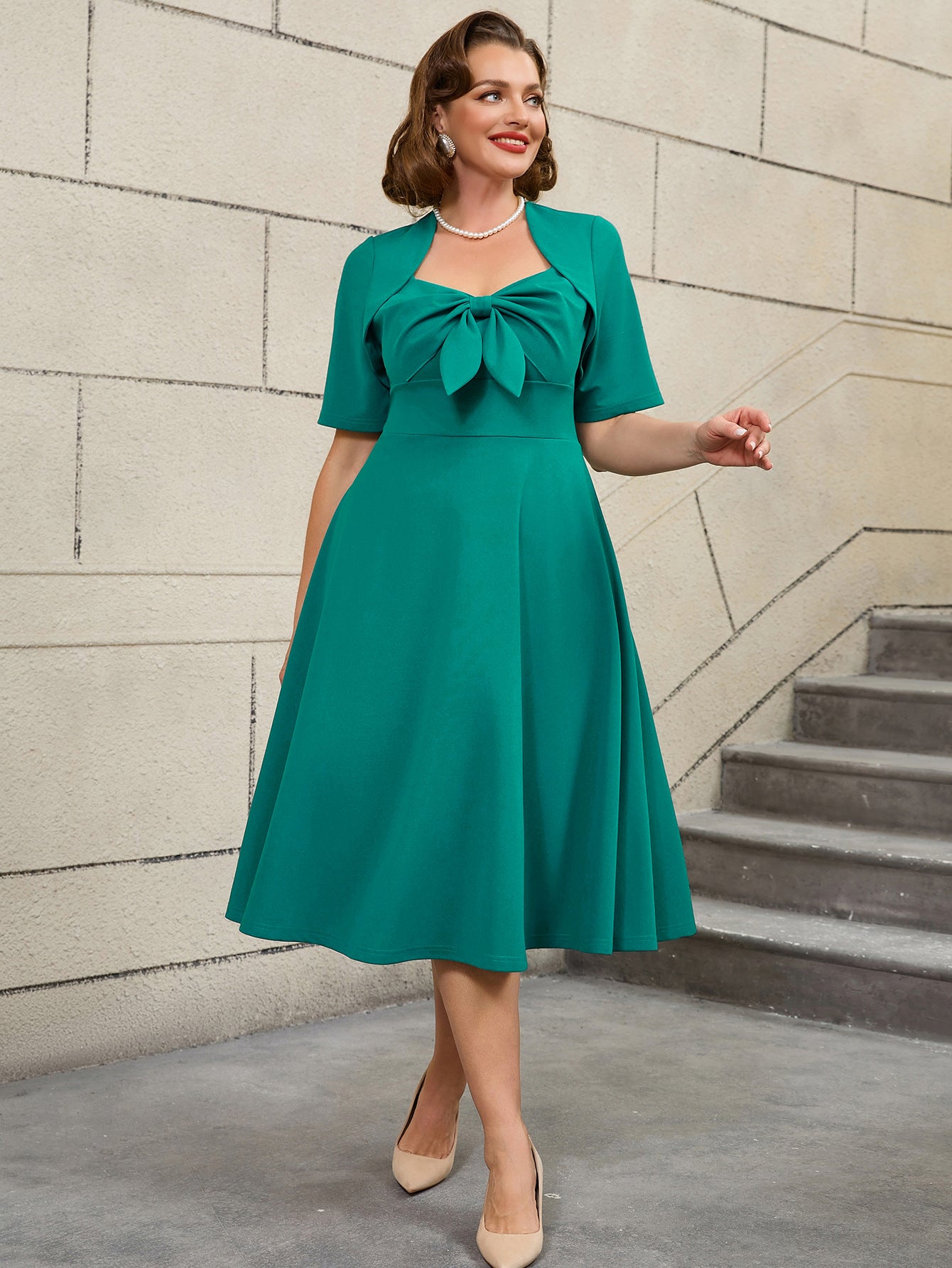 Plus Size Fashion Square-Neck Bow A-Line Slim Waist Party Dress 7